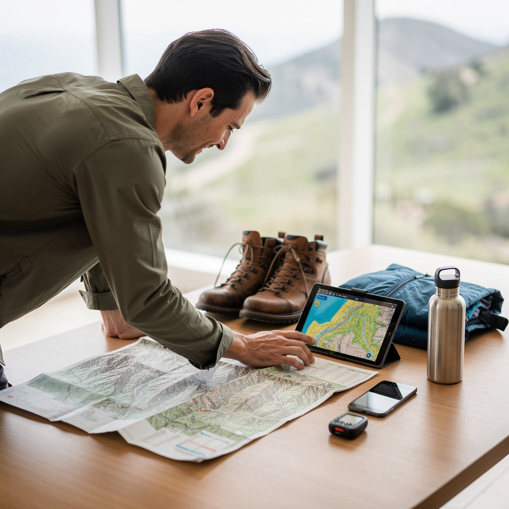La Cumbre Peak hiking trail guide showing a scenic view of the Santa Ynez Mountains and trail path in Los Padres National Forest
